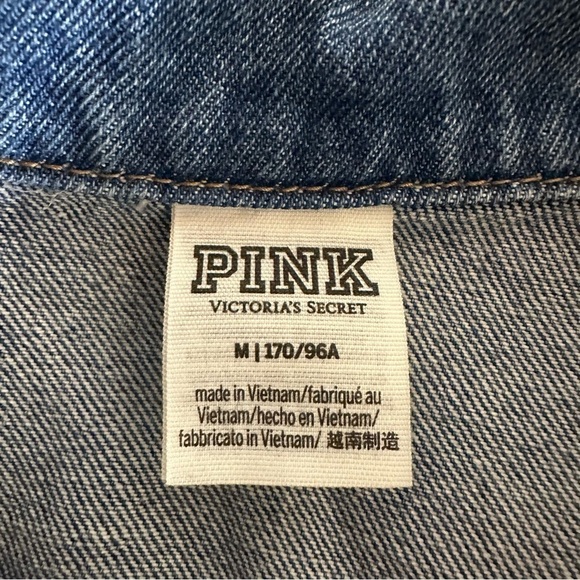 Pink By Victoria’s Secret Jean Jacket Denim Cropped Raw Hem Blue Cotton Medium - Picture 4 of 7